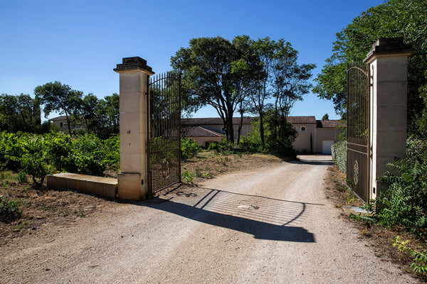 Die Einfahrt zum Weingut Paul Autard. Hinter dem Tor sind Reben und viele Bäume vor dem Gebäude zu sehen.