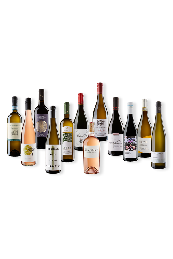 Foto eines Weinpakets mit 12 Flaschen Wein, das vom Team von Walter und Sohn als Better Basics empfohlen wird.