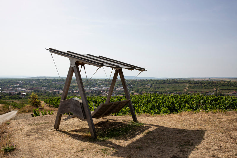 Eine Hollywoodschaukel aus Holz steht mit Blick auf die Weingärten des Weingut Hiedler auf einer Anhöhe.