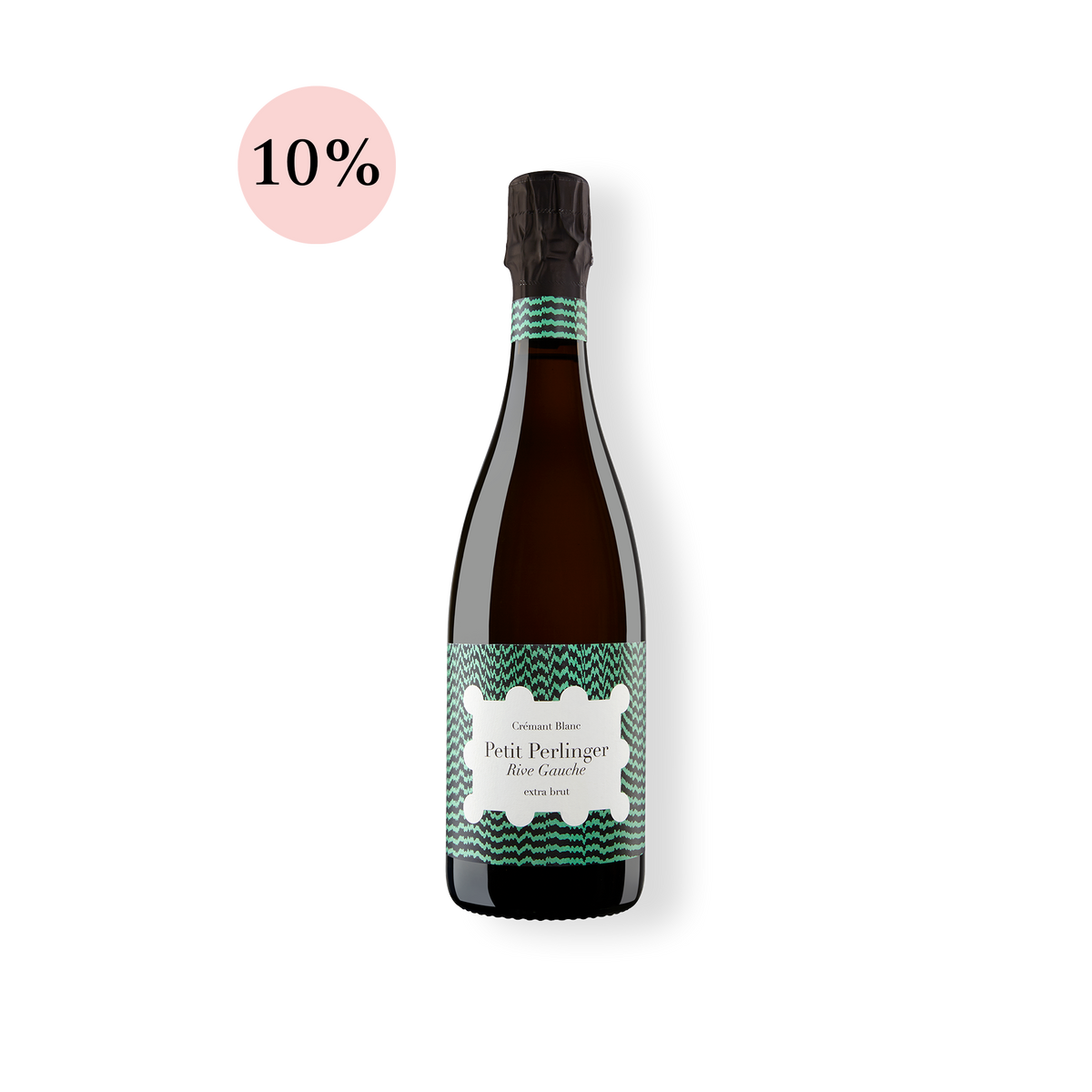 Sektflasche der Marke Haus Perlinger aus Rheinhessen, Crémant Petit Perlinger Blanc Extra Brut, Rebsorten Chardonnay und Weißburgunder.