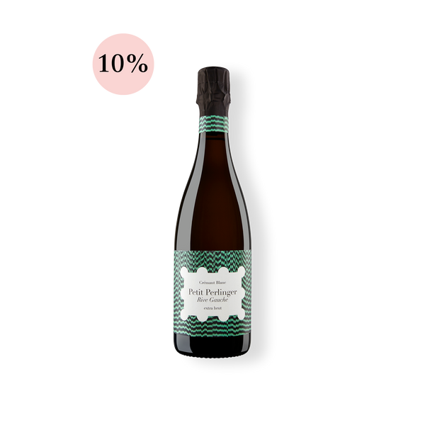 Sektflasche der Marke Haus Perlinger aus Rheinhessen, Crémant Petit Perlinger Blanc Extra Brut, Rebsorten Chardonnay und Weißburgunder.