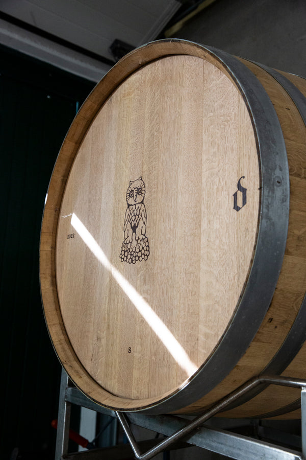 Holzfass mit Aufdruck der Eule vom Logo des Weingut Hiedler. Über das Fass fällt ein heller Lichtstrahl.