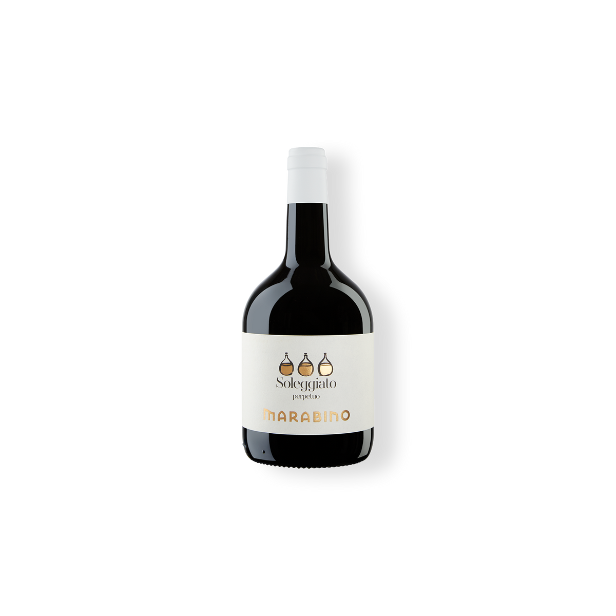 Flasche Weißwein Soleggiato Perpetuo vom Weingut Marabino aus Sizilien. Die Flasche hat eine besondere bauchige Form.