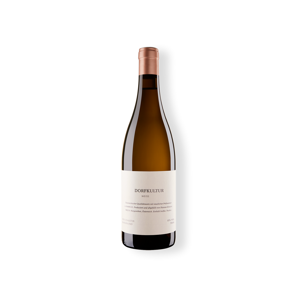 Weinflasche vom Weingut Rosi Schuster, Dorfkultur weiss Qualitätswein, aus den Rebsorten Grüner Veltliner, Welschriesling und Furmint