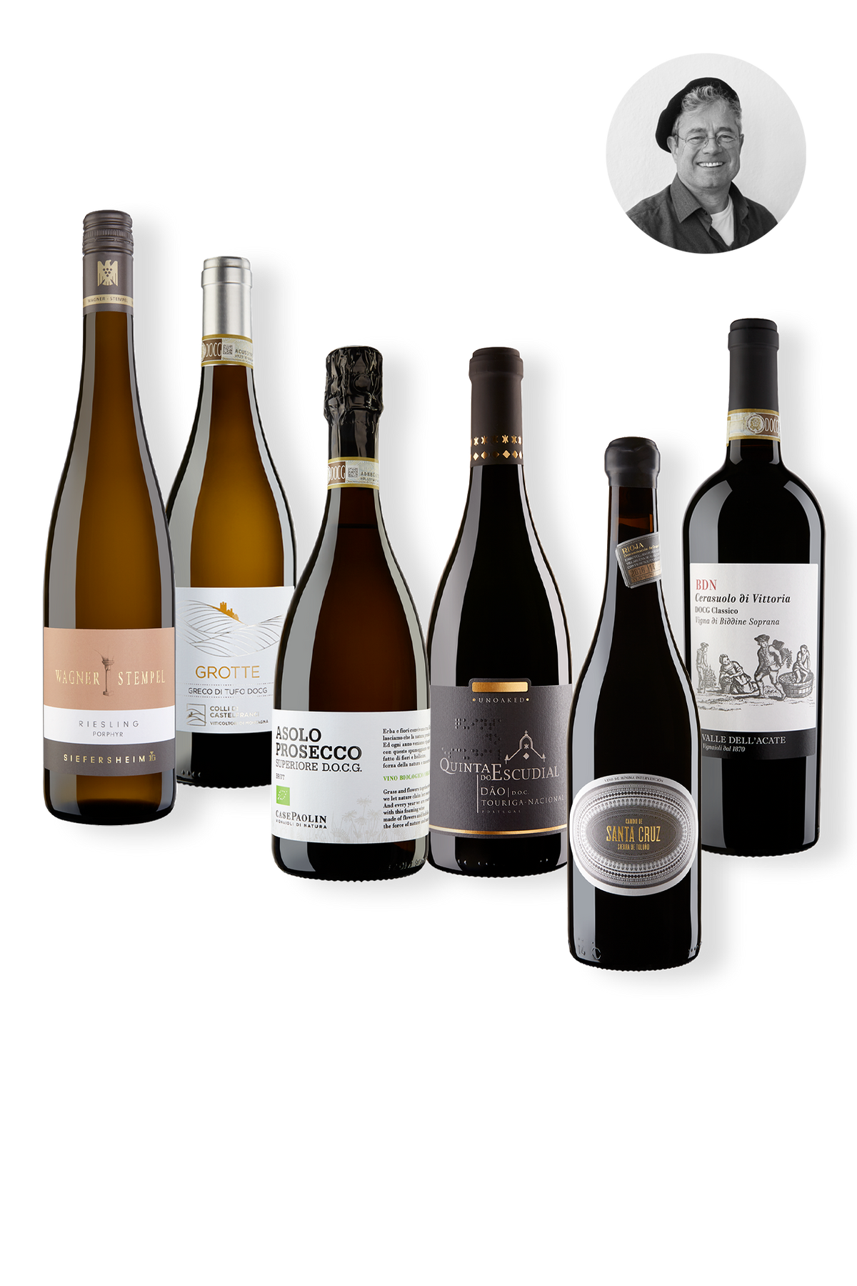 Foto eines Weinpakets mit 6 Flaschen Wein, empfohlen von Tom 