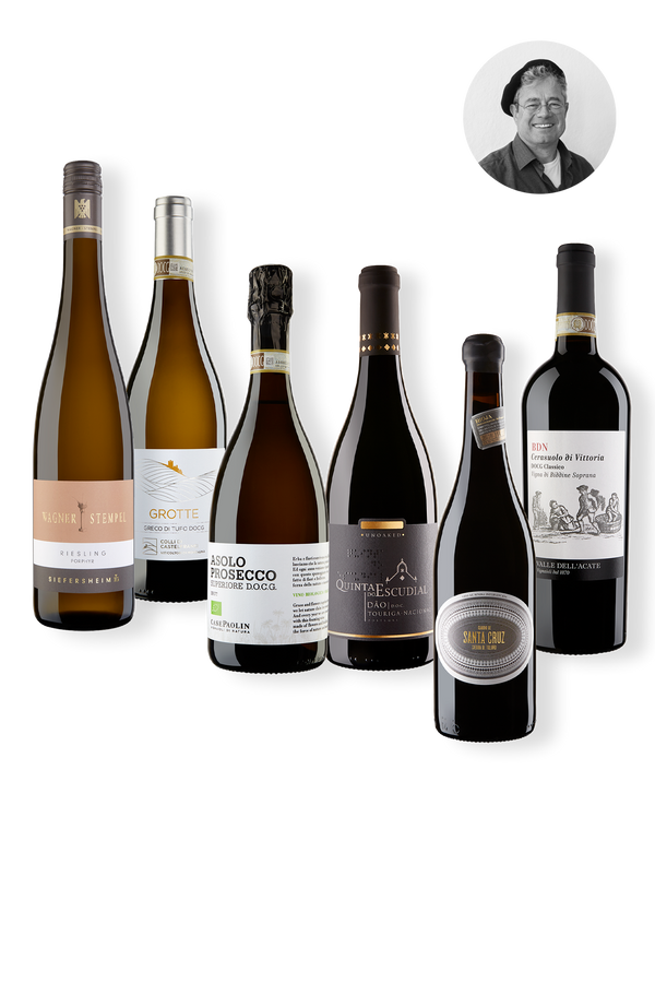 Foto eines Weinpakets mit 6 Flaschen Wein, empfohlen von Tom 
