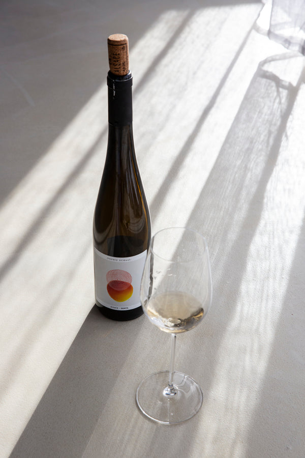 Foto einer Flasche Wein von Sophie Schaal, mit einem befüllten Weissweinglas, im zarten Schattenspiel eines hellen Vorhangs.