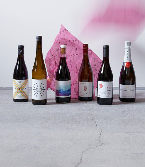 Foto eines Weinpaketes mit 6 Flaschen Wein. Im Hintergrund fallen zwei Bogen Seidenpapier mit Firmenlogo auf den Boden herunter.